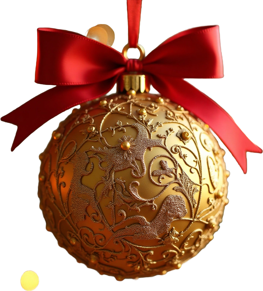 Golden Christmas Ornament with Red Bow